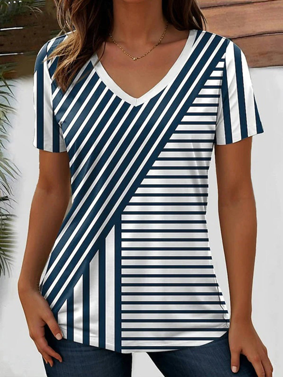 Casual Striped V-neck Short Sleeve T-Shirt