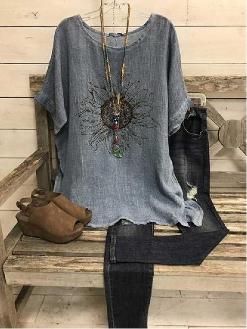 Casual Round Neck Gray Sun Flower Printed Blouse