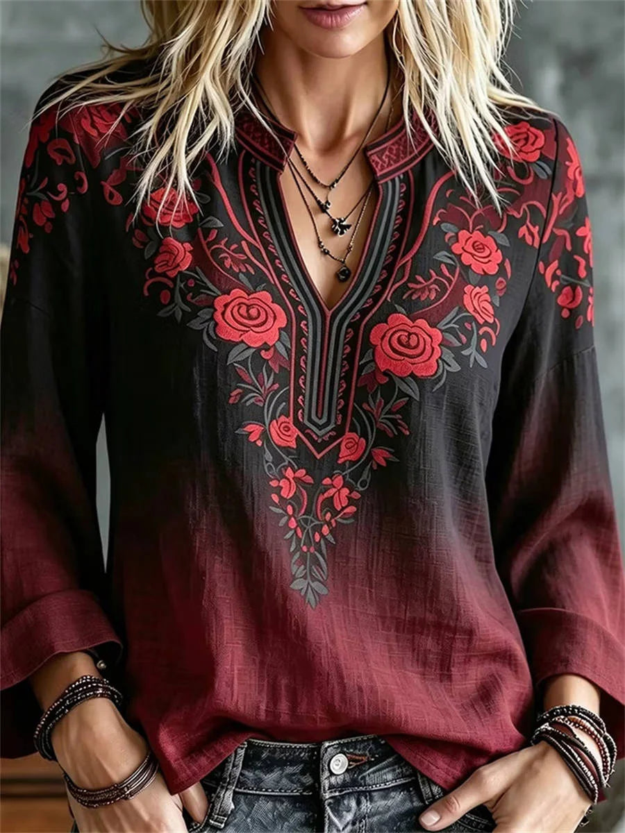 Women's Retro Celtic Knot Rose Gradient Print V-neck Long Sleeve Shirt