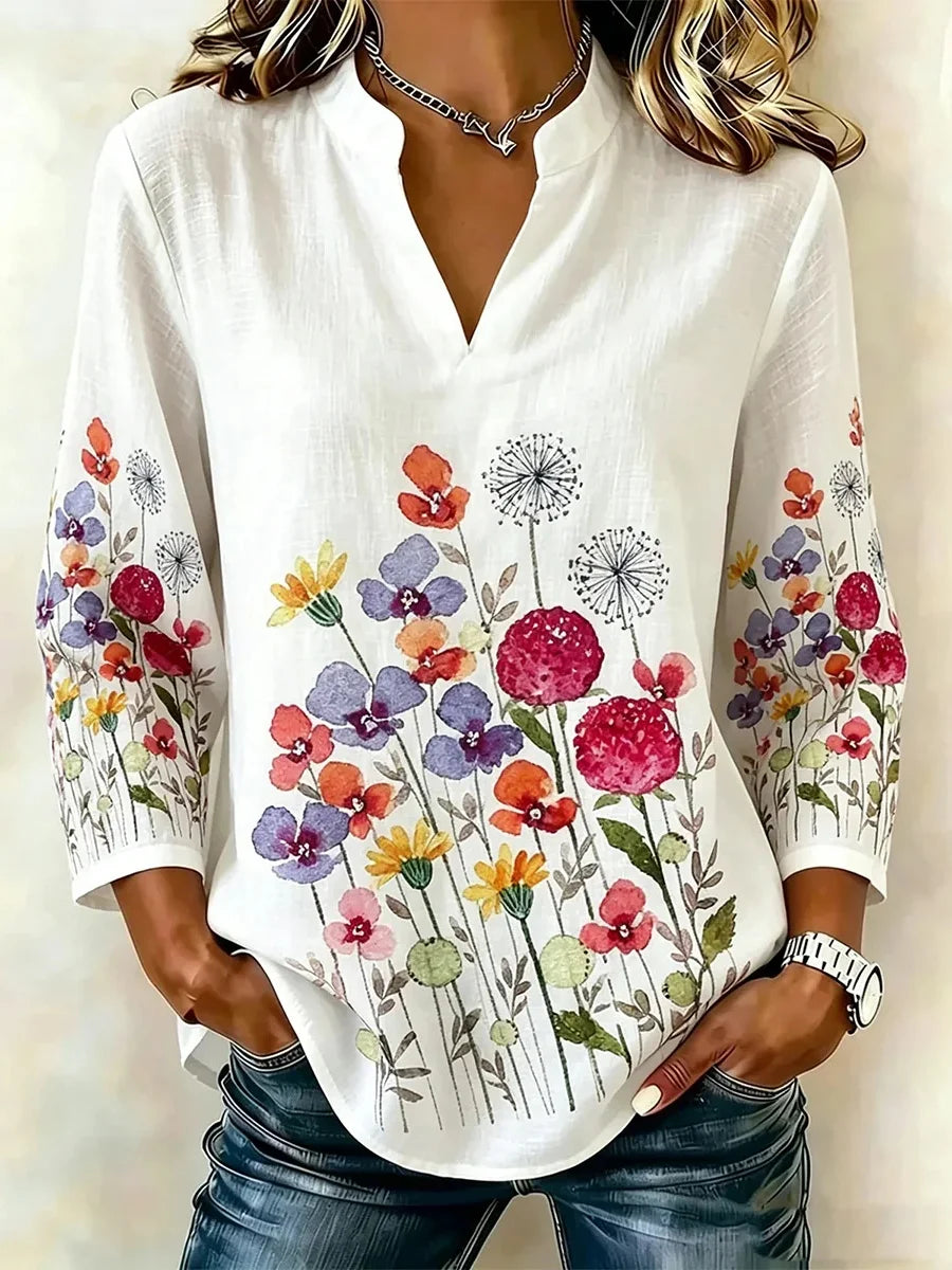 Watercolor Floral Print V-neck 3/4 Sleeve Blouse