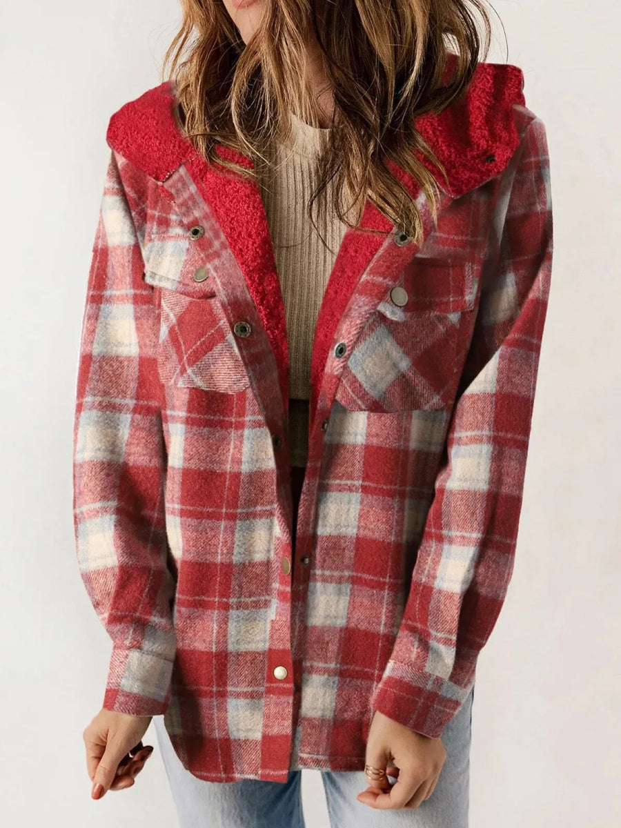 Women's Flannel Plaid Fleece Hooded Shacket