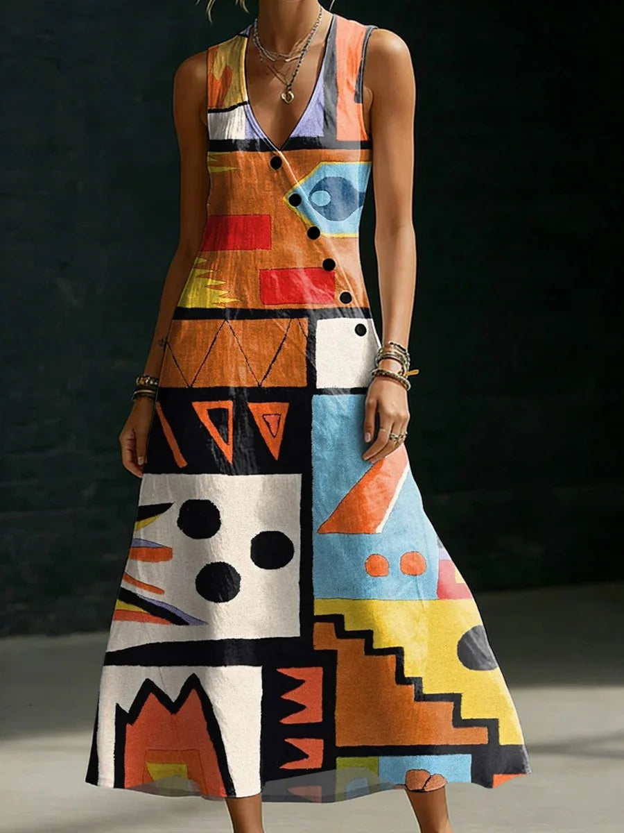 Casual Floral Print V-neck Sleeveless Button-up Maxi Dress