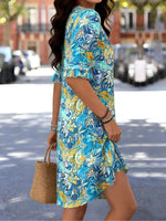 Vibrant Blue V-neck Short Sleeve Mini Dress