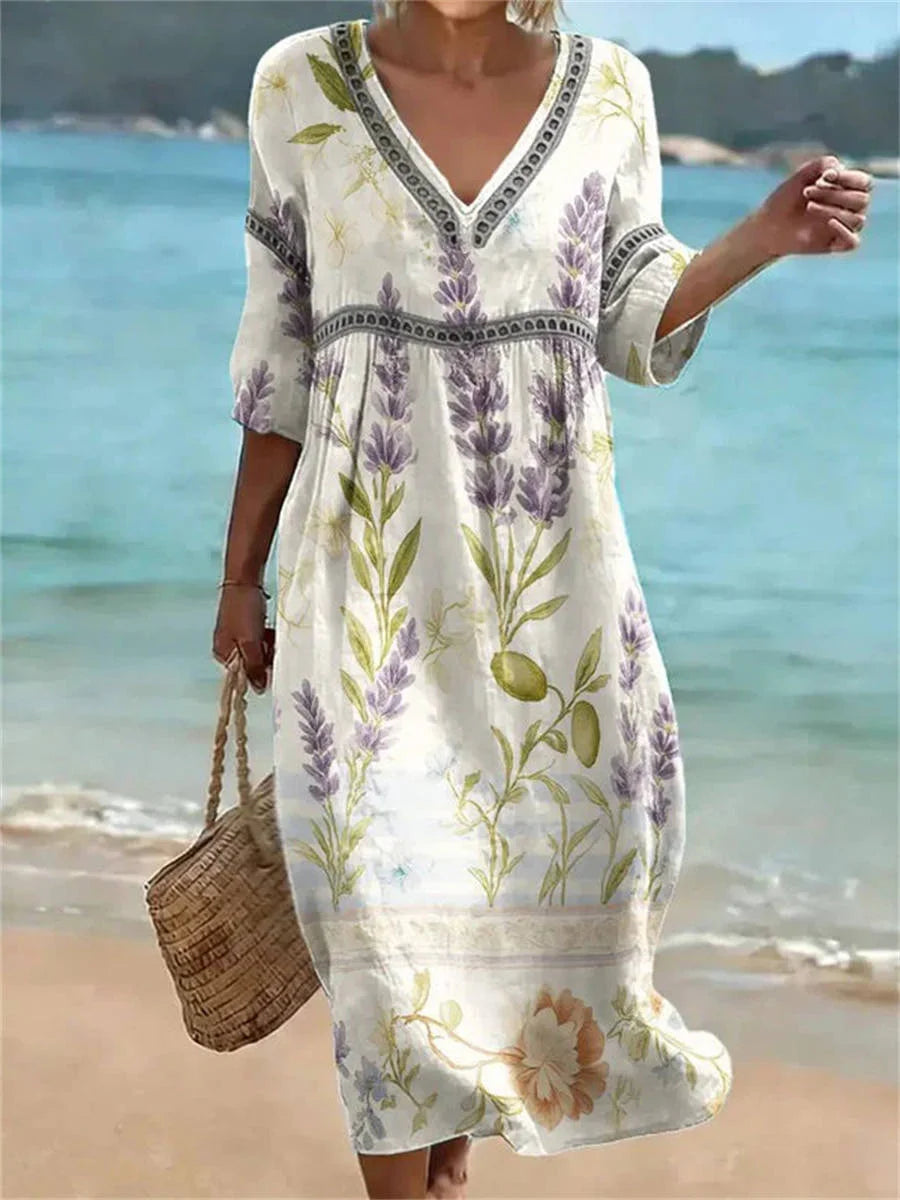 Casual Floral Print V-neck 3/4 Sleeve Dress