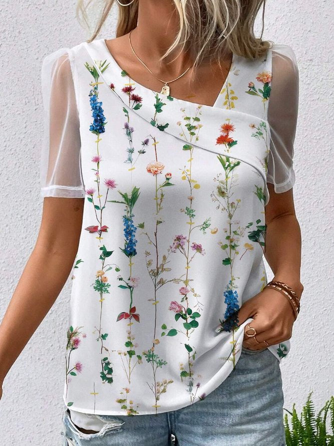 MulticolorCasual V Neck Floral Printed Short Sleeve Blouse