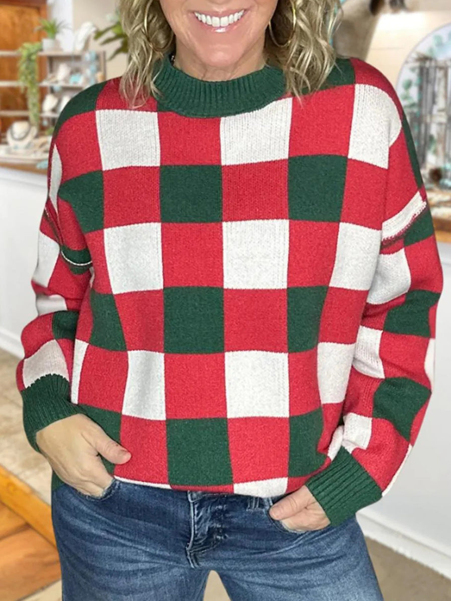 Red Plaid Round Neck Long Sleeve Sweater