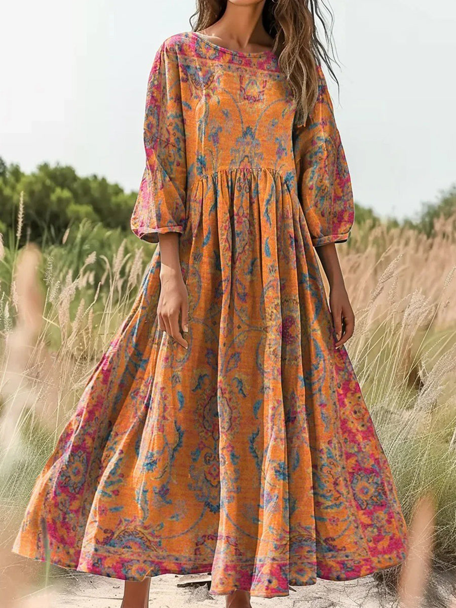 Retro Ethnic Totem Print Round Neck 3/4 Sleeve Maxi Dress