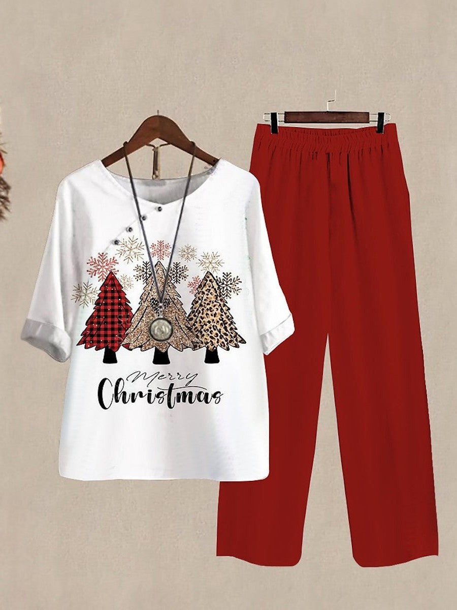 Trendy Print 3/4 Sleeve Round Neck Two Piece Set