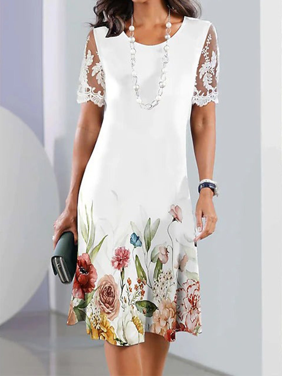 Crew Neck Lace Print Midi Dress
