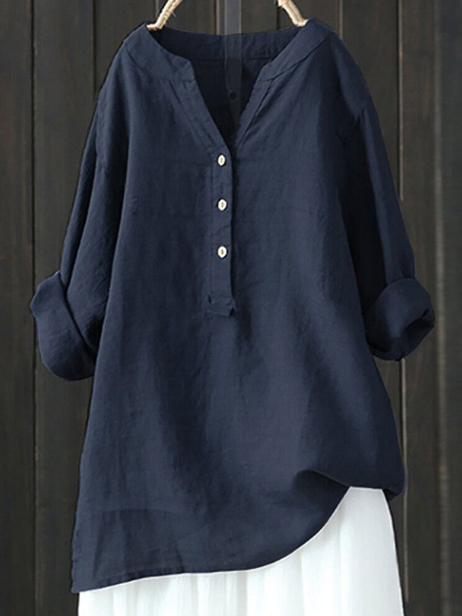 Standing Collar Solid Color Button Up Long Sleeve Top
