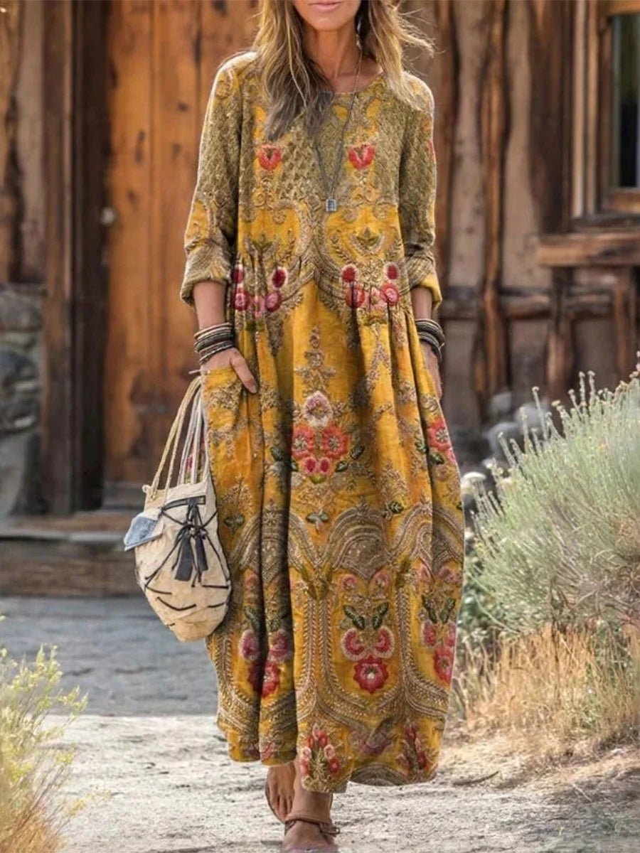 Vintage Floral Print Round Neck Long Sleeve Dress