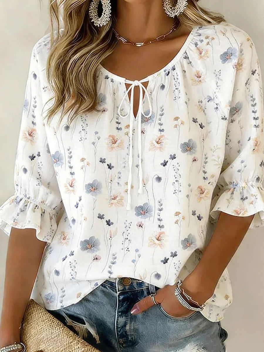Soft White Floral Ruffle Sleeve Top