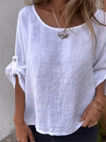 3/4 Sleeve White Crew Neck Plain Blouse