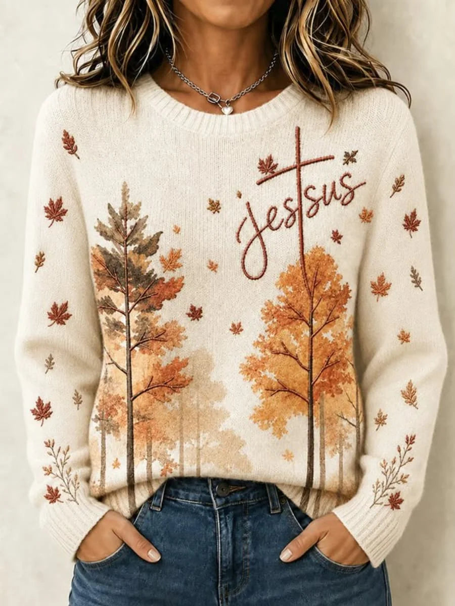 Casual Maple Leaf Crew Neck Long Sleeve Sweater