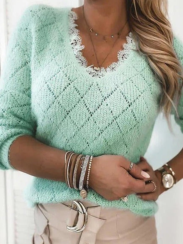 Green Casual Tops V-neck Long Sleeve Solid Sweater