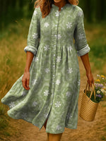 Women's Floral Print Long Sleeve Pleated Dress