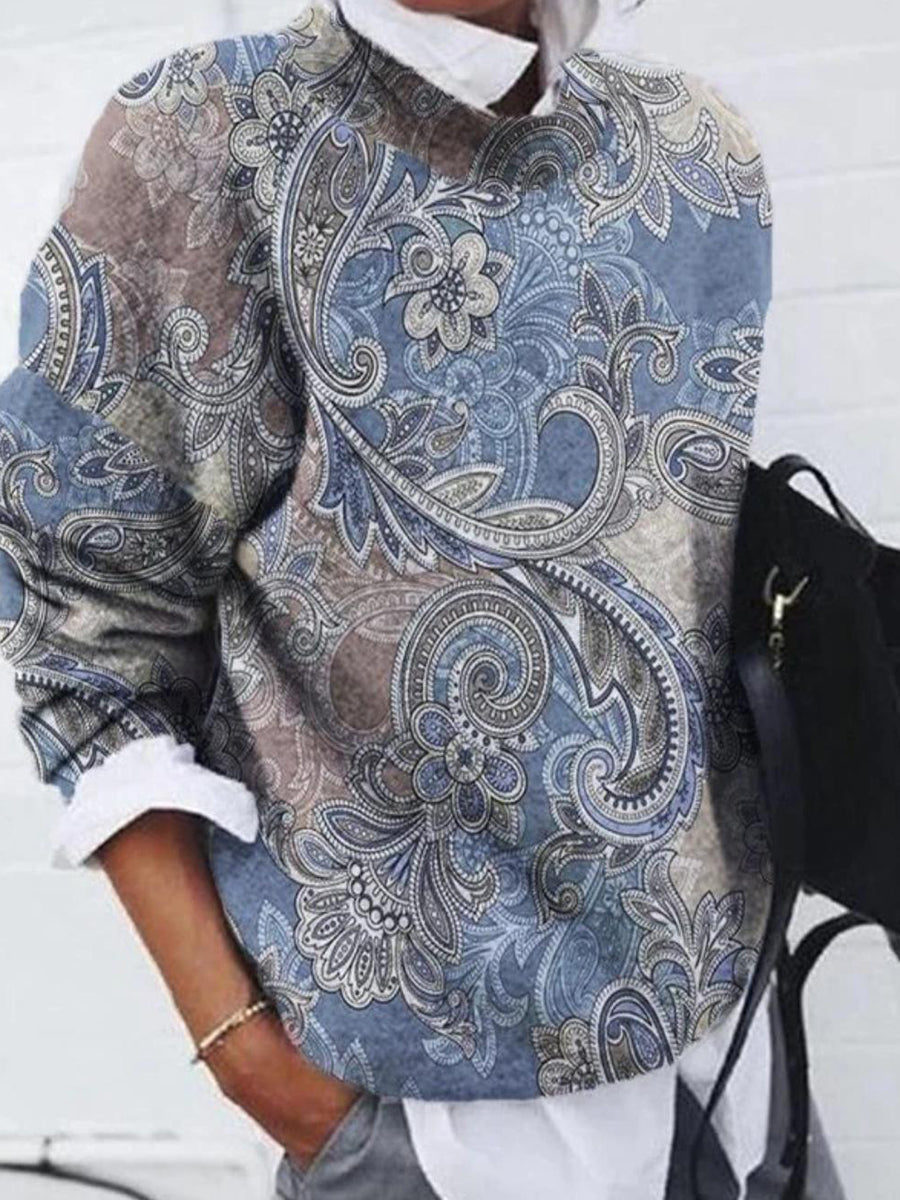 Round Neck Long Sleeve Blue Print Top