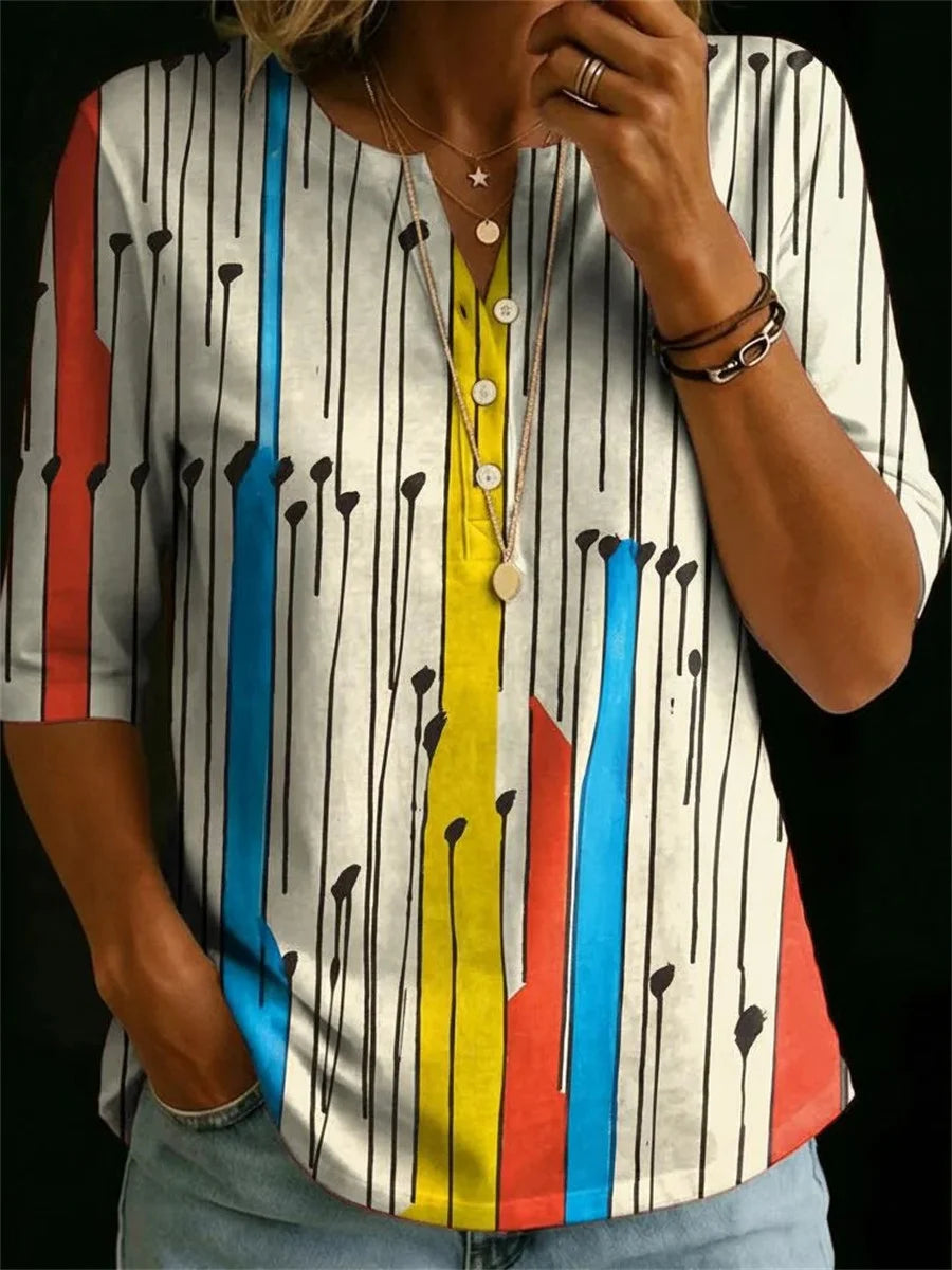 Multicolor Abstract Stripe Print 3/4 Sleeve Top
