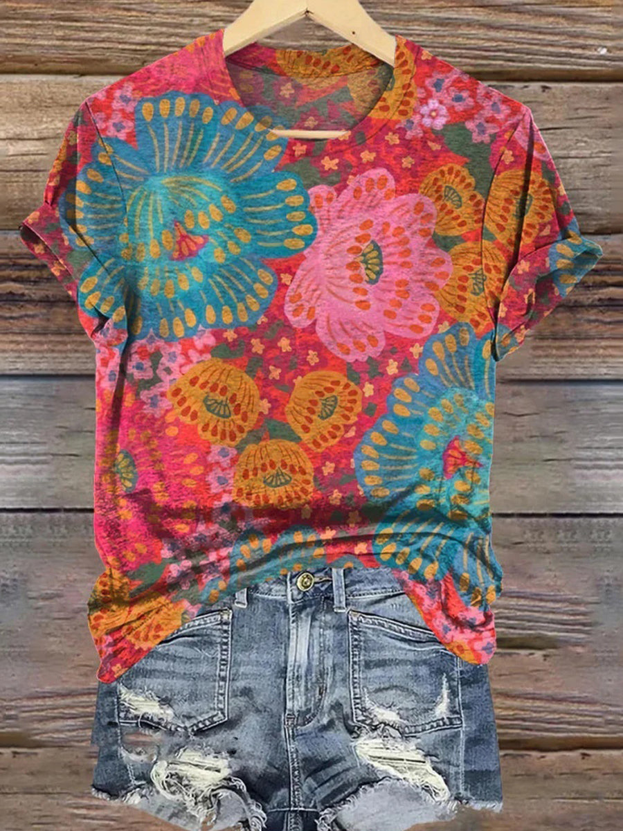 Chic Round Neck Floral Print Short Sleeve Top