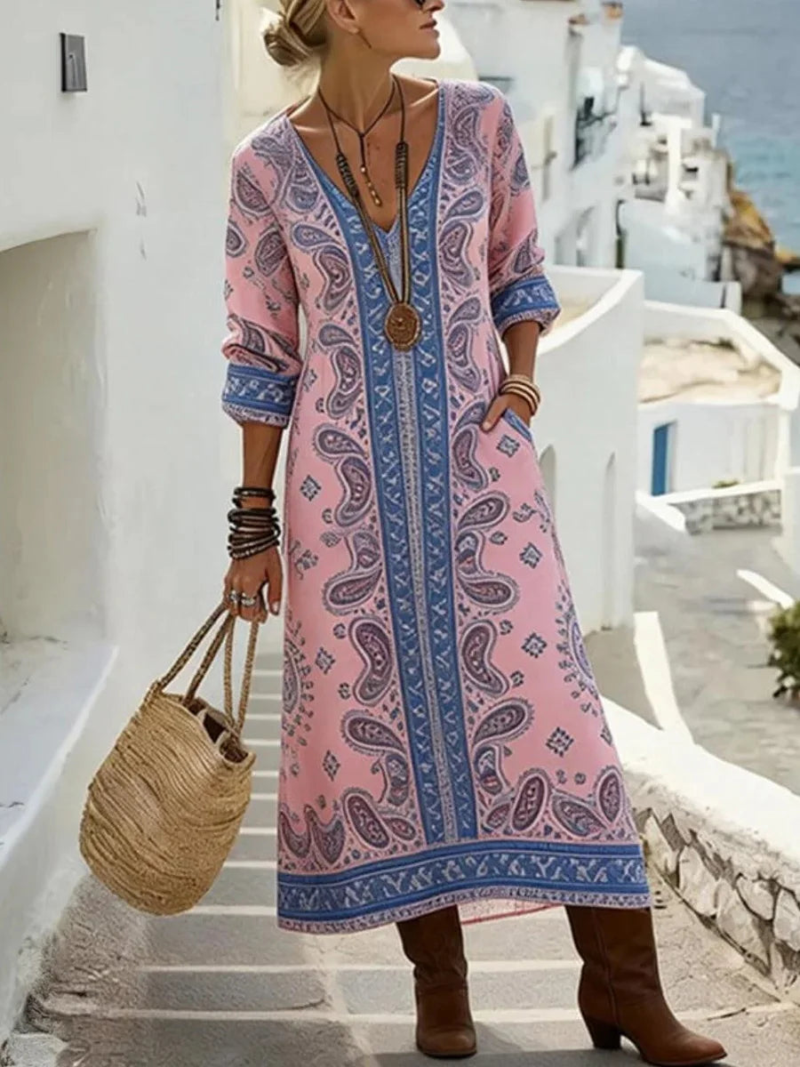 Sweet Pink Paisley Print V-neck Long Sleeve Midi Dress