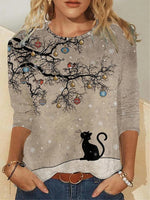 Christmas Grey Round Neck Cat Print Shirt