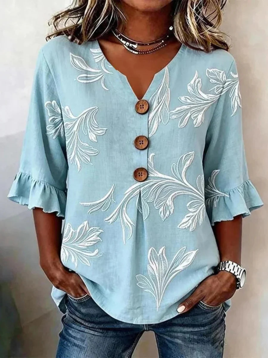 Vintage Leaf Print V-neck 3/4 Sleeve Blouse