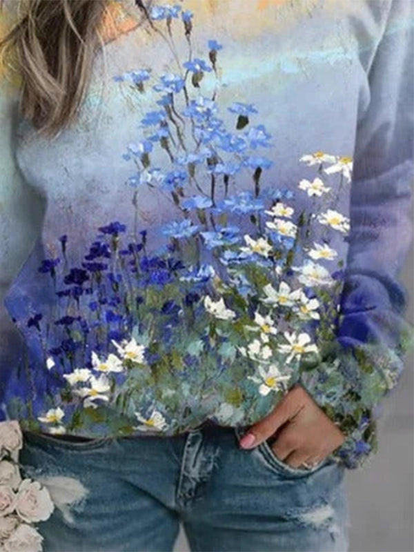 Multicolor Casual Graphic Tops Round Neck Long Sleeve Floral Printed Sweatshirts