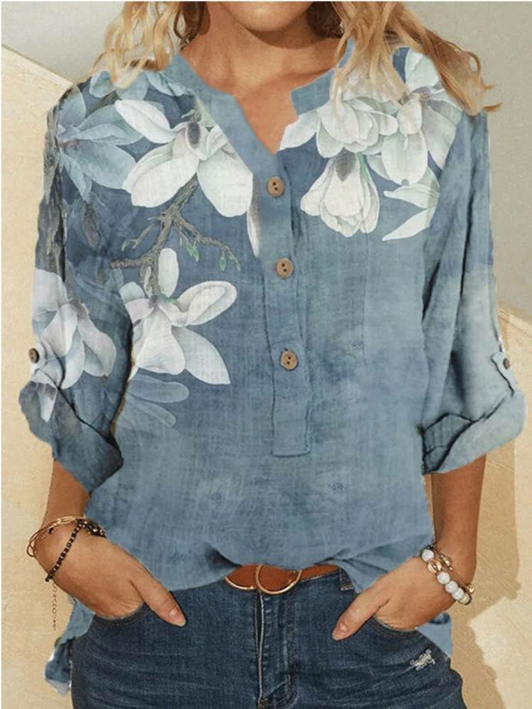 Blue Floral Print Collared Long Sleeve Blouse with Buttons