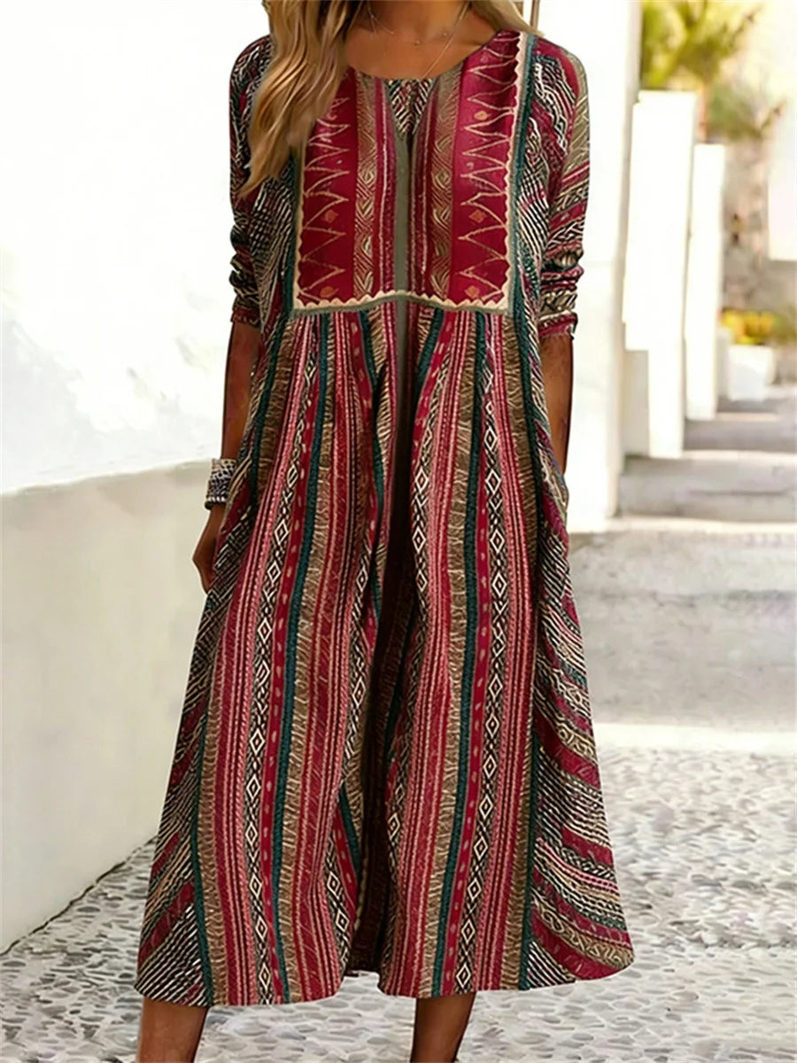 Women's Retro Ethnic Floral Pattern Casual Long Sleeve Dress