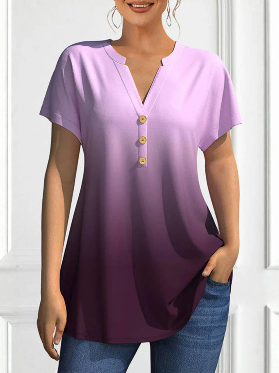 Casual Gradient V-neck Short Sleeve Blouse