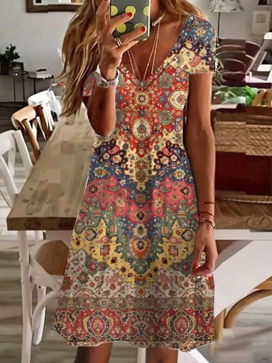 Colorful Ethnic Short Sleeve V Neck Dress