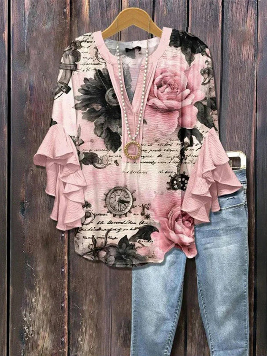 Vintage Floral Print V-neck 3/4 Sleeve Blouse