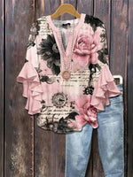 Vintage Floral Print V-neck 3/4 Sleeve Blouse