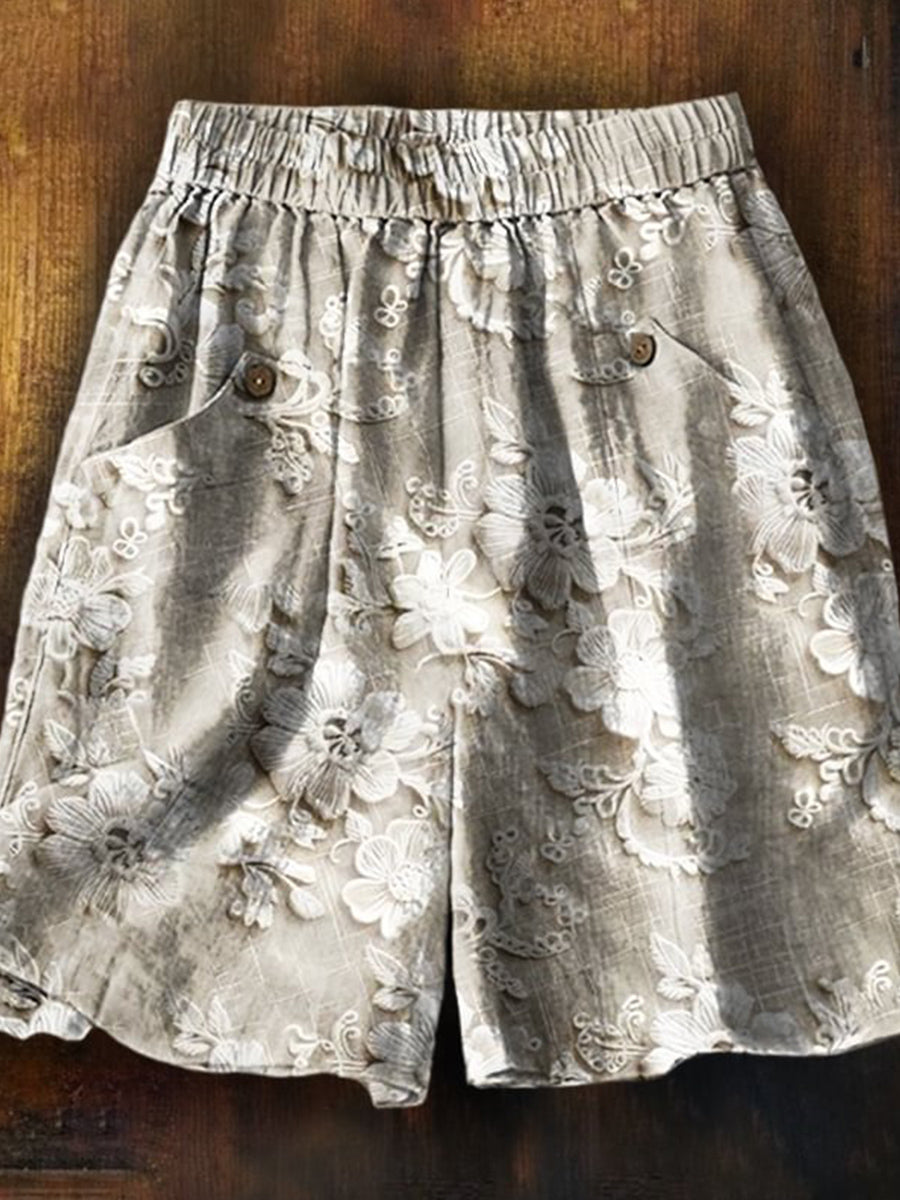 Women's Vintage Flower Art Printed Casual Pocket Shorts
