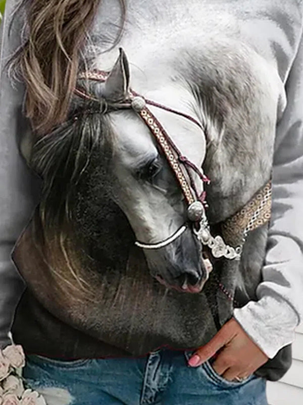 Multi Casual Graphic Tops Round Neck Long Sleeve Horse Printed Sweatshirt