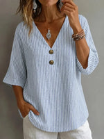 V Neck Half Sleeve Striped Regular Micro-Elasticity Loose Blouse