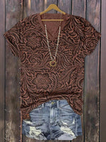 Vintage Floral Print V-neck Short Sleeve T-Shirt