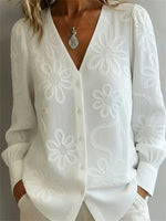 Romantic Floral Printed V-neck Button-up Long Sleeve Shirt