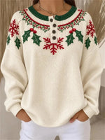 Women Casual Christmas Geometric Henley Collar Long Sleeve Sweater