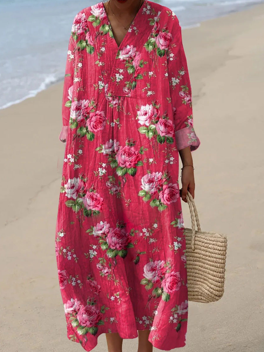Vintage Floral Art Print Casual V-neck Long Sleeve Dress