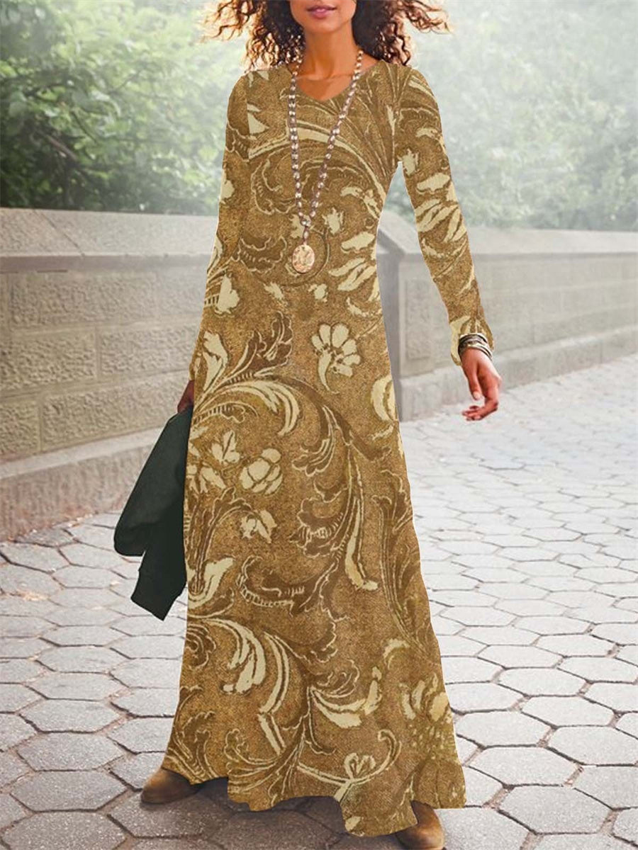 Brown Floral V Neck Long Sleeve Comfy Maxi Dress