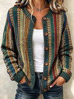 Women's Retro Stripes Art Print Knit Button Crew Neck Long Sleeve Cardigan