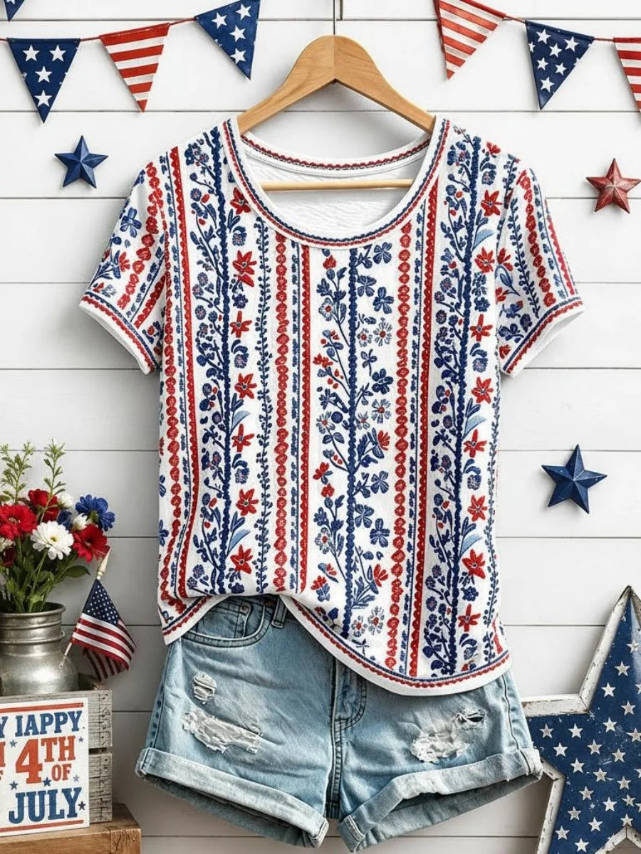 Floral Print 4th of July Round Neck Short Sleeve Tee