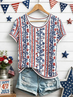 Floral Print 4th of July Round Neck Short Sleeve Tee