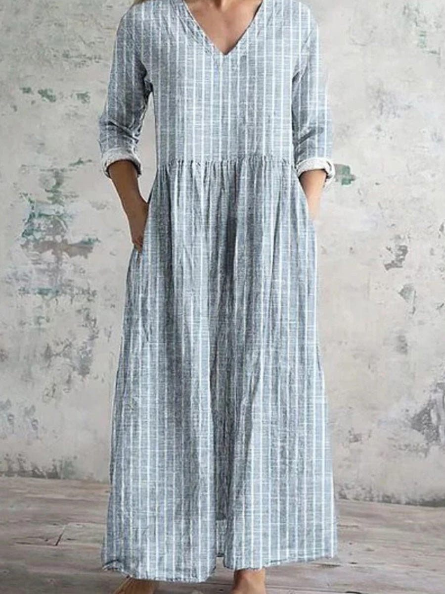 Casual Striped V-neck Long Sleeve Dress
