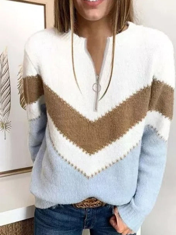 White Casual Tops V-neck Long Sleeve Stripe Printed Sweater