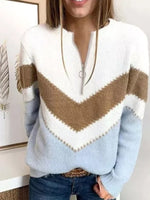 White Casual Tops V-neck Long Sleeve Stripe Printed Sweater