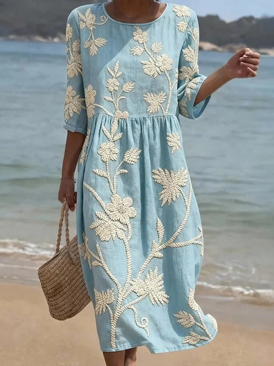 Casual Floral Print Round Neck 3/4 Sleeve Dress
