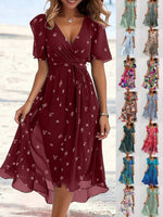 Elegant Floral Printed V-neck Short Sleeve Midi Dress