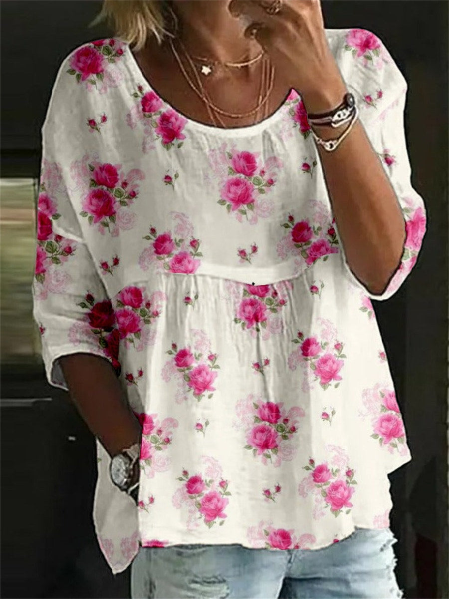 Vintage Floral Print Crew Neck Half Sleeve T-Shirt